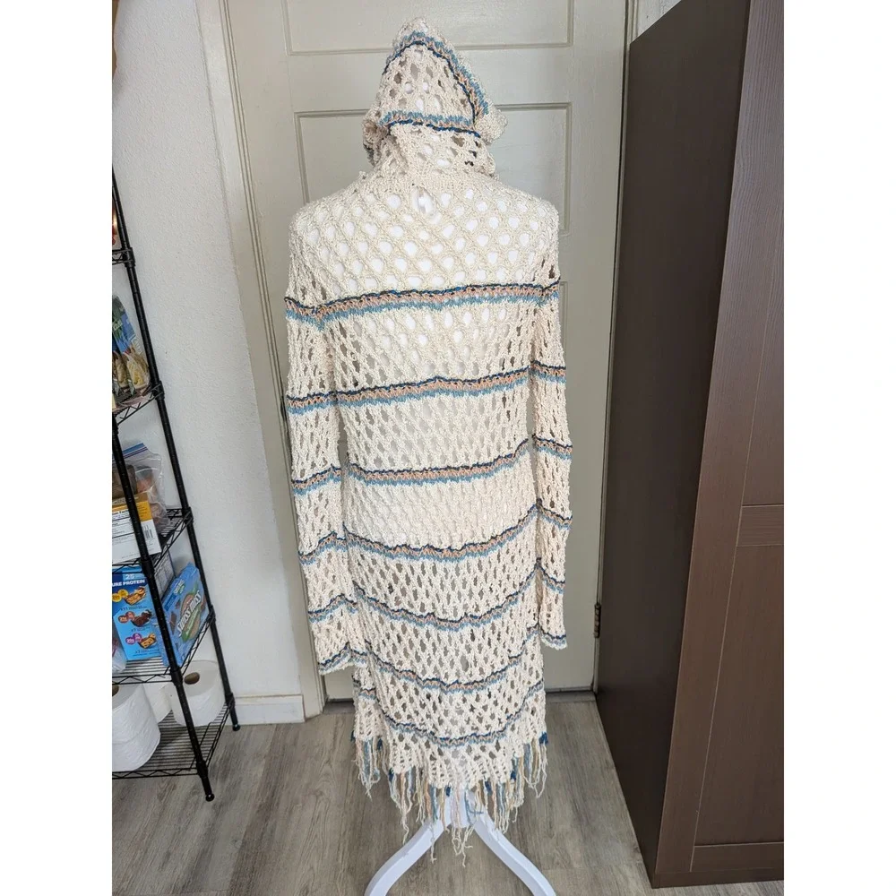 Free People Sunblock Cardigan Boho Crochet Fringe Duster Ivory Blue Small